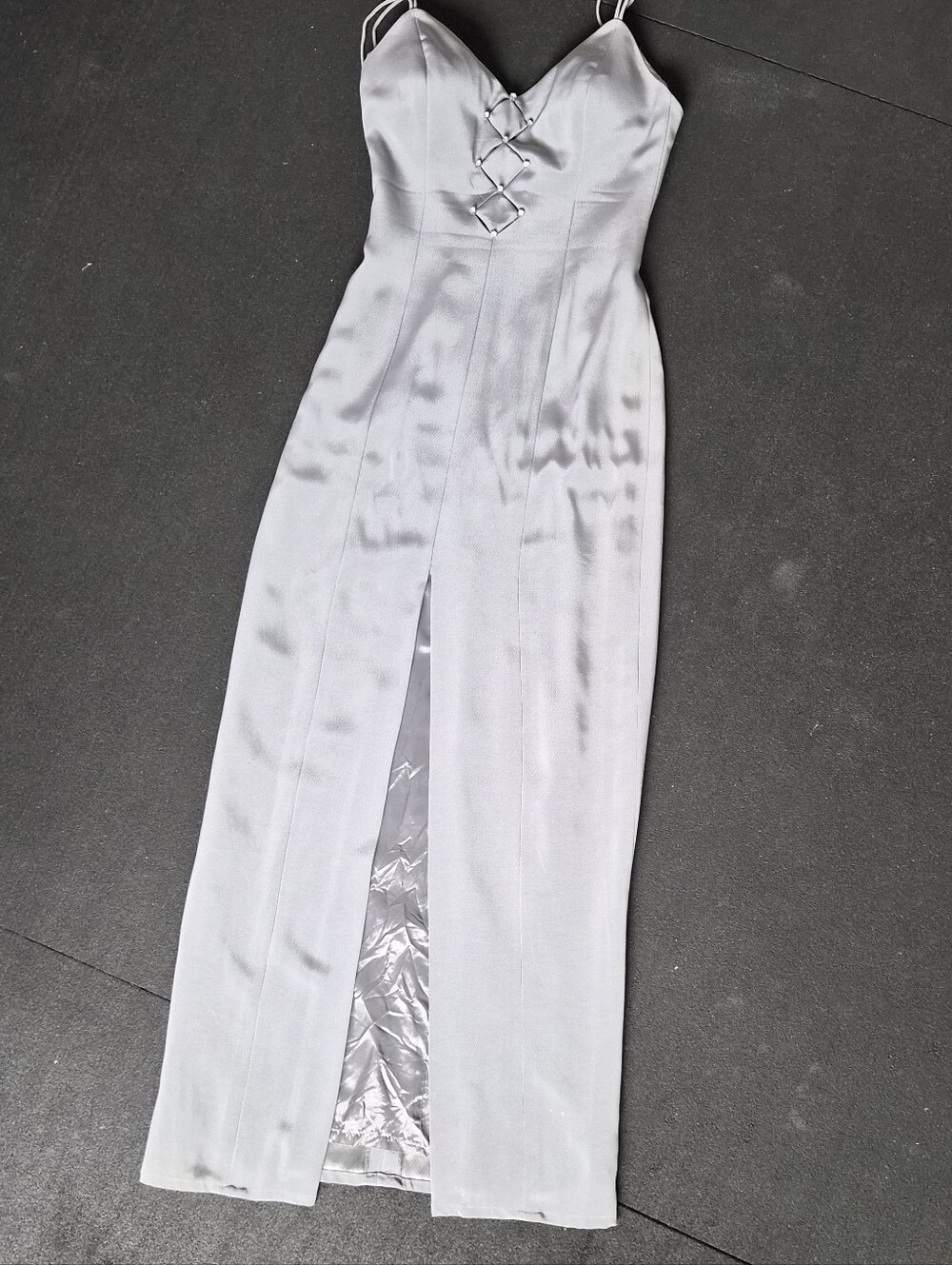 Vintage 90s Silver Satin Spaghetti-Strap Maxi Dress with Front Slit Rhinestones